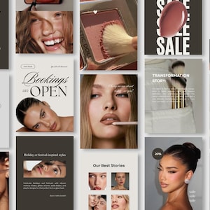 Make-upartiest Instagram-postsjablonen, canvaposts voor MUA's en beautyprofessionals, socialmediakit, beautymerken en wimperartiesten