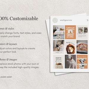 Pode incluir: Um modelo de marketing digital com o texto "100% Personaliz&aacute;vel" e uma lista de recursos: fontes e estilos, cores e layouts e fotos e imagens. O modelo inclui uma grade de imagens com tema de animais de estima&ccedil;&atilde;o e o endere&ccedil;o do site "THE.AVERY.SHOP".