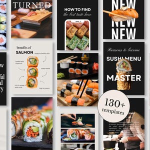 Op de afbeelding: Een collage van afbeeldingen met sushi rolls, nigiri en andere Japanse gerechten. Sommige afbeeldingen bevatten tekst zoals "TURNED", "benefits of SALMON", "HOW TO FIND the best taste here", "NEW", "SUSHI MENU MASTER", en "130+ templates".
