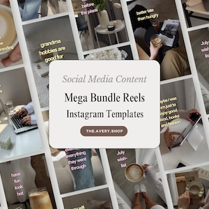 May include: A digital collage of social media content templates featuring various lifestyle scenes with coffee, laptops, and books. The central white rectangular overlay displays the text Social Media Content Mega Bundle Reels Instagram Templates.