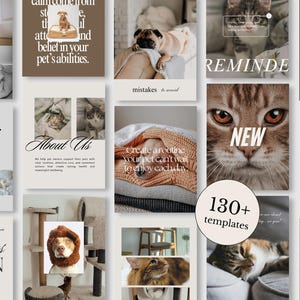 Könnte beinhalten: Eine Collage von Vorlagen zum Thema Haustiere mit Bildern von Hunden und Katzen. Die Vorlagen enthalten Texte wie "About Us", "Remind" und "130+ Vorlagen". Die Farbpalette ist neutral mit Braun- und Beigetönen.