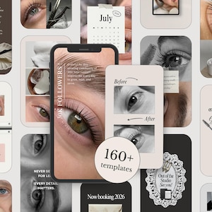 Pode incluir: Uma coleção de modelos para redes sociais de serviços de cílios, com vários closes de olhos com cílios levantados, um smartphone exibindo 30k seguidores, um calendário de julho de 2024 e textos como 160+ templates.
