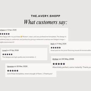 Puede incluir: Una pantalla gr&aacute;fica digital titulada THE.AVERY.SHOPP What customers say: que presenta cinco rese&ntilde;as de clientes con calificaciones de cinco estrellas. Las rese&ntilde;as de Johana, Molly, Loved, Amber y Vanessa incluyen comentarios sobre plantillas.