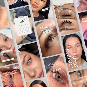 May include: A collage of multiple images featuring close-up views of eyes with enhanced eyelashes, various facial portraits, a July calendar page, and overlaid text including phrases like Limited Offer, Bookings Are Open, and Coming Soon.