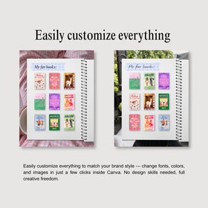 以下が含まれることがあります： 上部に「My fav books」というテキストが記載された2冊のリングノート。それぞれに、本の表紙のイラスト、タイトル、グラフィックが描かれた9枚のカラフルな長方形ステッカーがグリッド状に配置されており、カスタマイズ可能なデザインオプションを示しています。