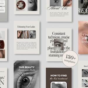 Puede incluir: Una colección de materiales promocionales para servicios de belleza, con imágenes de ojos, pestañas y tratamientos relacionados. Los diseños incluyen texto como "Enhancing Your Lashes" y "Our Beauty Maintenance Habits."