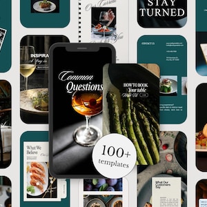 May include: A collection of digital social media templates for restaurants featuring dark teal and white colour schemes. The display shows various layouts with food photography, text overlays like Common Questions, and a smartphone mockup.