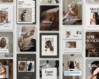 May include: A collection of social media templates featuring hair care imagery, including photos of individuals with styled hair, hair tools, and text overlays such as What We Believe, Customer Spotlight, Best Sellers, and Now Booking.