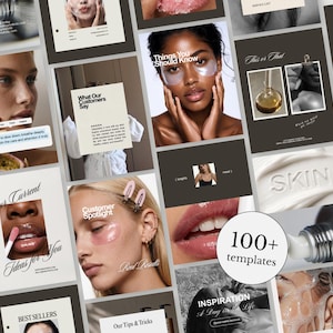 May include: A collection of over 100 social media templates for skincare and beauty brands, featuring various layouts with photography of faces, lips, and skin textures, alongside text overlays like "Customer Spotlight" and "SKIN."