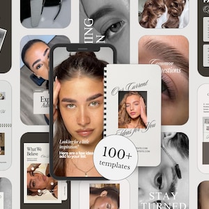 May include: A collection of digital social media templates for beauty and brow services, featuring various layouts with text like Our Current Ideas for You, FAQ Questions, and 100+ templates, displayed on a smartphone screen and surrounding cards.