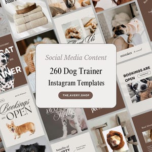 Puede incluir: Una colección de 260 plantillas de redes sociales para adiestradores caninos, con varias razas de perros y textos superpuestos relacionados con el entrenamiento. El gráfico central rectangular blanco muestra el texto Social Media Content 260 Dog Trainer Instagram Templates y la dirección web THE.AVERY.SHOP.