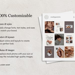 K&ouml;nnte beinhalten: Eine digitale Marketingvorlage mit dem Text "100% Anpassbar" und einem Raster von Bildern, die Nageldesigns zeigen. Die Vorlage erm&ouml;glicht &Auml;nderungen an Schriftarten und Stilen, Farbanpassungen und den Austausch von Fotos. Die Website ist THE.AVERY.SHOP.