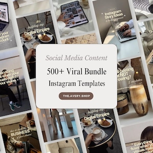 Peut inclure: Une collection de modèles de contenu pour réseaux sociaux avec un encart rectangulaire blanc central portant le texte Social Media Content 500+ Viral Bundle Instagram Templates et l'adresse THE.AVERY.SHOP sur un bouton marron foncé.