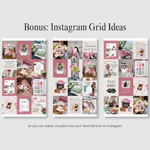 Puede incluir: Una pantalla gr&aacute;fica digital que presenta tres dise&ntilde;os de cuadr&iacute;cula de Instagram distintos con una paleta de colores rosa polvoriento y blanco. El texto "Bonus: Instagram Grid Ideas" aparece en la parte superior, y "so you can easily visualize how your feed will look on Instagram" est&aacute; en la parte inferior. Cada cuadr&iacute;cula contiene m&uacute;ltiples im&aacute;genes cuadradas que muestran libros, caf&eacute; y fotograf&iacute;as de estilo de vida.