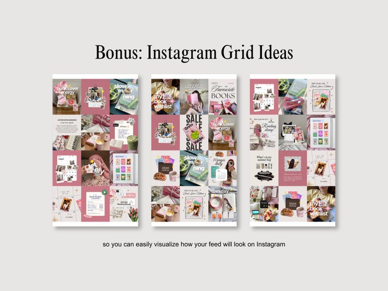 Puede incluir: Una pantalla gr&aacute;fica digital que presenta tres dise&ntilde;os de cuadr&iacute;cula de Instagram distintos con una paleta de colores rosa polvoriento y blanco. El texto "Bonus: Instagram Grid Ideas" aparece en la parte superior, y "so you can easily visualize how your feed will look on Instagram" est&aacute; en la parte inferior. Cada cuadr&iacute;cula contiene m&uacute;ltiples im&aacute;genes cuadradas que muestran libros, caf&eacute; y fotograf&iacute;as de estilo de vida.