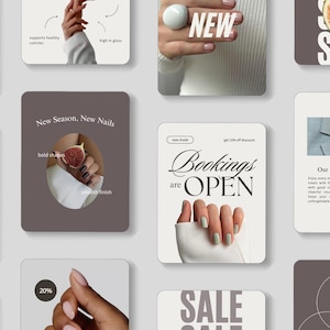 K&ouml;nnte beinhalten: Eine Sammlung von Werbekarten f&uuml;r ein Nagelstudio. Die Karten zeigen Bilder von manik&uuml;rten H&auml;nden, Text wie "New Season, New Nails" und "Bookings are Open" sowie eine Feige. Die Farbpalette ist neutral.