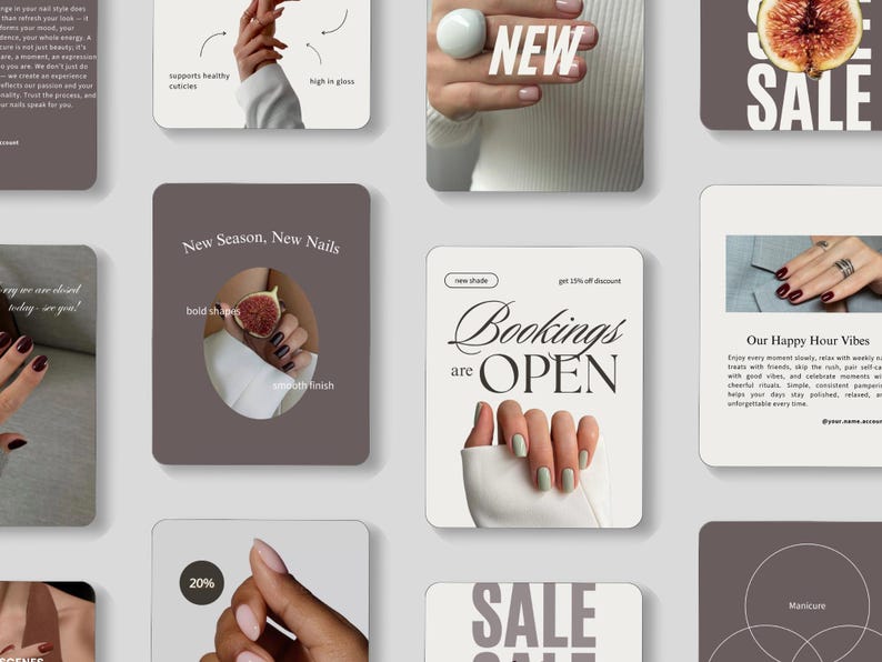 K&ouml;nnte beinhalten: Eine Sammlung von Werbekarten f&uuml;r ein Nagelstudio. Die Karten zeigen Bilder von manik&uuml;rten H&auml;nden, Text wie "New Season, New Nails" und "Bookings are Open" sowie eine Feige. Die Farbpalette ist neutral.