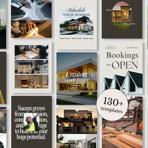 Puede incluir: Una colección de plantillas de marketing digital para construcción y arquitectura con varias imágenes de casas modernas, obras, trabajadores y planos arquitectónicos con textos como Bookings are OPEN.