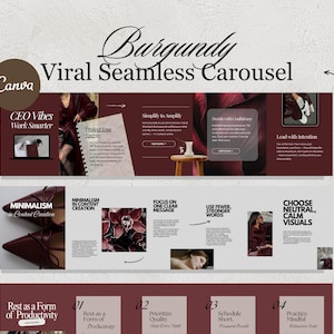 Puede incluir: Un diseño de plantilla de Canva en color burdeos con el texto "Burgundy Viral Seamless Carousel". El diseño incluye secciones con texto como "CEO Vibes Work Smarter" y "Minimalism in Content Creation."