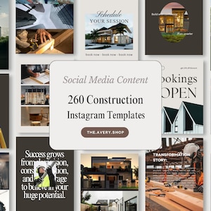 Op de afbeelding: Een verzameling van 260 Instagram-sjablonen met een bouwthema, voorzien van diverse architectonische ontwerpen, bouwplaatsen en professionele uitrusting. De centrale tekst luidt Social Media Content 260 Construction Instagram Templates THE.AVERY.SHOP.