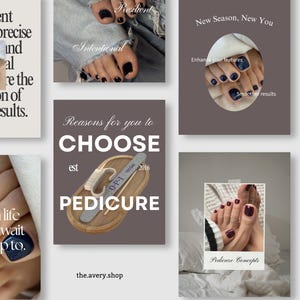 May include: A collage of images showcasing pedicure services. The images feature feet with dark nail polish, nail files, and text overlays with phrases like "New Season, New You" and "Reasons to Choose Pedicure". The Avery shop logo is also visible.