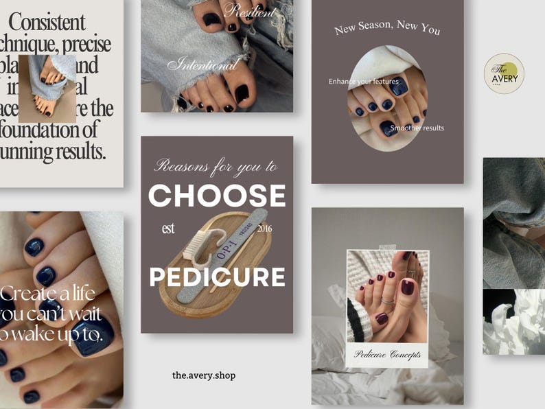 May include: A collage of images showcasing pedicure services. The images feature feet with dark nail polish, nail files, and text overlays with phrases like "New Season, New You" and "Reasons to Choose Pedicure". The Avery shop logo is also visible.
