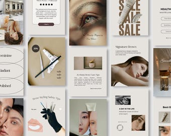 May include: A collage of beauty and skincare advertisements. The images include close-ups of eyes, product shots, and lifestyle photos. Text includes "SALE", "Signature Brows", and "At-Home Brow Care Tips".