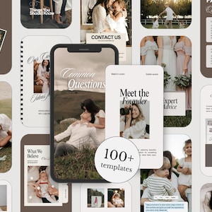 以下が含まれることがあります： Common Questions画面を表示したスマートフォンを中心に、写真やMeet the Founderなどの見出し、100+ templatesと書かれた円形のバッジを含む、様々なレイアウトデザインで構成されたデジタルソーシャルメディアテンプレートのコレクション。