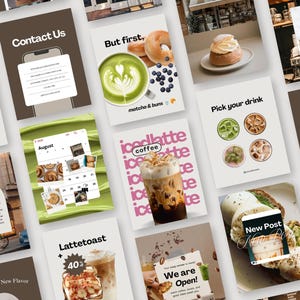 Può includere: Una collezione di grafiche per social media con immagini di caffè, matcha e cibo. I design includono sovrapposizioni di testo come Contact Us, But first, matcha & buns, Pick your drink, August, coffee, New Post e We are Open, con una tavolozza di colori marrone e bianco.