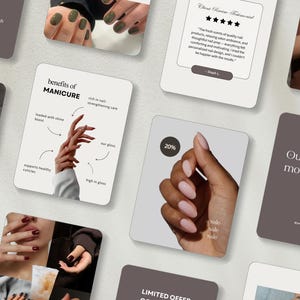 K&ouml;nnte beinhalten: Eine Sammlung quadratischer Karten mit Nageldesigns und Informationen zur Manik&uuml;re. Eine Karte zeigt eine Hand mit rosa N&auml;geln und einem 20 %-Verkaufsaufkleber. Andere Karten zeigen Nagelkunst, Kundenbewertungen und die Vorteile der Manik&uuml;re.