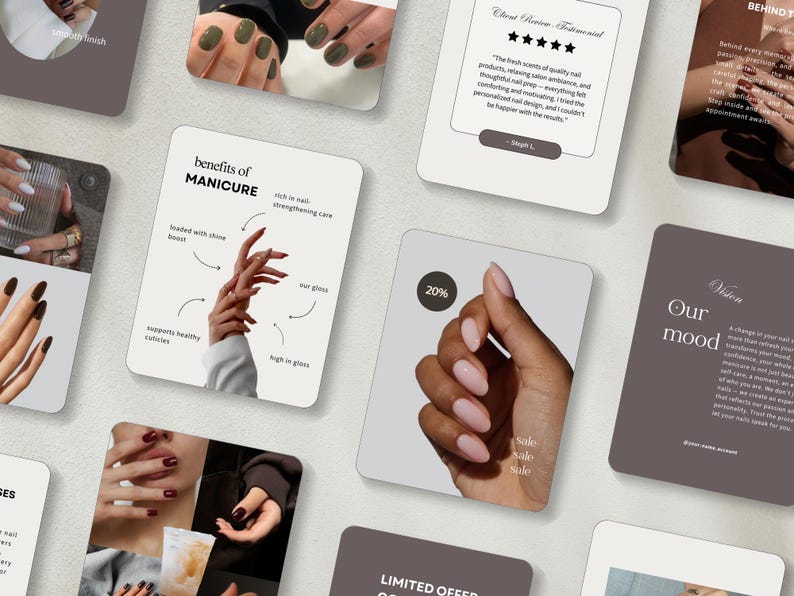 K&ouml;nnte beinhalten: Eine Sammlung quadratischer Karten mit Nageldesigns und Informationen zur Manik&uuml;re. Eine Karte zeigt eine Hand mit rosa N&auml;geln und einem 20 %-Verkaufsaufkleber. Andere Karten zeigen Nagelkunst, Kundenbewertungen und die Vorteile der Manik&uuml;re.