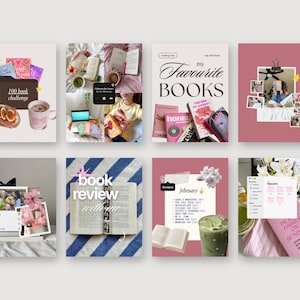 Puede incluir: Una colecci&oacute;n de ocho plantillas digitales para redes sociales con collages de tem&aacute;tica literaria, incluyendo textos como '100 book challenge', 'my Favourite BOOKS', 'book review with me' y 'february', con im&aacute;genes de libros y fotos.