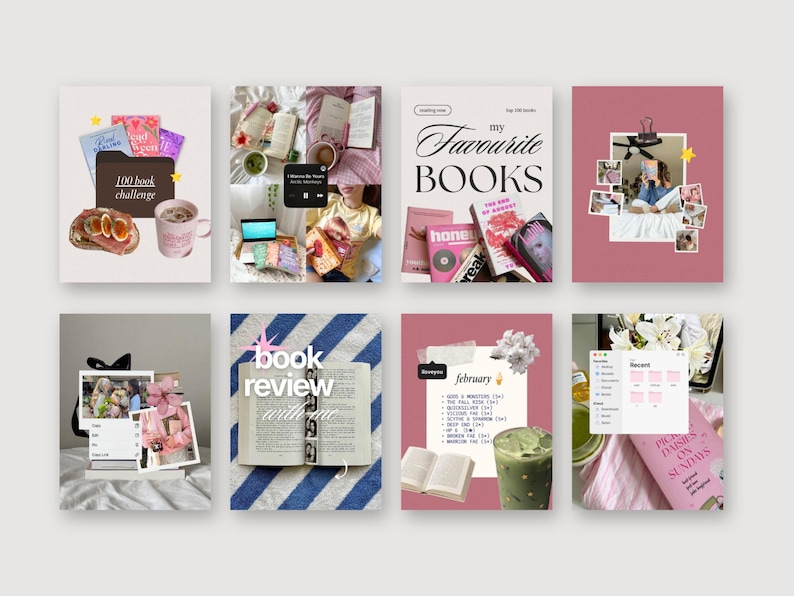Puede incluir: Una colecci&oacute;n de ocho plantillas digitales para redes sociales con collages de tem&aacute;tica literaria, incluyendo textos como '100 book challenge', 'my Favourite BOOKS', 'book review with me' y 'february', con im&aacute;genes de libros y fotos.