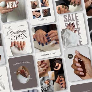 Puede incluir: Un collage de imágenes que muestran varios diseños de uñas y manicuras. Las imágenes presentan diferentes colores de uñas, incluyendo rojo oscuro, azul marino y rosa claro. Algunas imágenes incluyen texto como "NEW", "Bookings are OPEN" y "SALE".