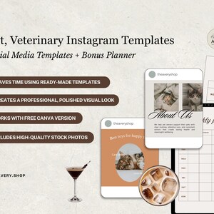 Pode incluir: Modelos do Instagram para animais de estima&ccedil;&atilde;o e veterin&aacute;rios com um planejador de b&ocirc;nus. A imagem mostra modelos de m&iacute;dia social com fotos de gatos, um planejador semanal e texto que diz "Economiza tempo usando modelos prontos".