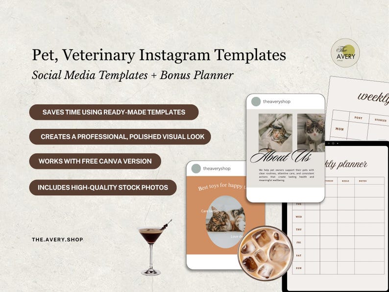 Pode incluir: Modelos do Instagram para animais de estima&ccedil;&atilde;o e veterin&aacute;rios com um planejador de b&ocirc;nus. A imagem mostra modelos de m&iacute;dia social com fotos de gatos, um planejador semanal e texto que diz "Economiza tempo usando modelos prontos".