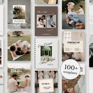 Könnte beinhalten: Eine Sammlung digitaler Marketingvorlagen für ein Fotostudio mit verschiedenen Layouts, Textüberlagerungen, Hochzeits- und Familienfotografie, Kontaktinformationen und einem runden Abzeichen mit der Aufschrift 100+ Vorlagen.
