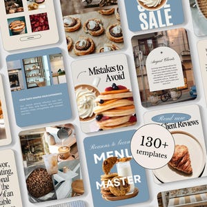 Könnte beinhalten: Eine Sammlung digitaler Vorlagen für Social-Media-Beiträge mit Bildern von Backwaren, Kaffee und Cafés. Die Vorlagen enthalten Textüberlagerungen mit Sätzen wie "Sale", "Mistakes to Avoid" und "Menu Master".