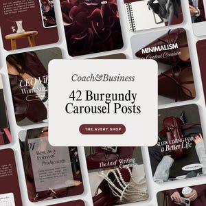May include: A collection of 42 burgundy-themed carousel posts for coaches and businesses. The posts feature various design elements, including text, images, and graphics. The text on the central card reads "Coach & Business 42 Burgundy Carousel Posts".