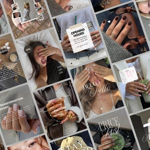 Könnte beinhalten: Eine Collage aus Social-Media-Beiträgen mit manikürten Nägeln, verschiedenen Handposen, Kaffeegetränken und Texteinblendungen wie Opening Hours, How Nail Care Impacts Confidence, Transformation Story, Hello, Price List und New Post.