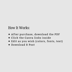 May include: Image showing the text "How It Works:" and instructions: download the PDF, click Canva links, edit colours/fonts/text, and download & post. Black text on a light grey background.