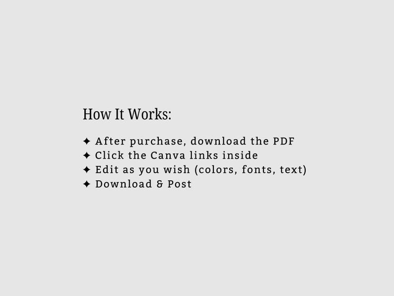 May include: Image showing the text "How It Works:" and instructions: download the PDF, click Canva links, edit colours/fonts/text, and download & post. Black text on a light grey background.