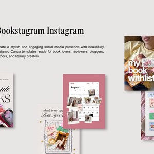 以下が含まれることがあります： Bookstagram Instagramというテキストが記載されたソーシャルメディア用Canvaテンプレートのデジタルコレクション。本をテーマにしたグラフィック、カレンダー、My Favourite Booksおよびmy book withlistというタイトルのリストを含む様々なレイアウトが表示されています。