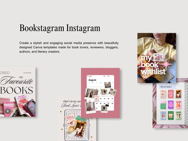 以下が含まれることがあります： Bookstagram Instagramというテキストが記載されたソーシャルメディア用Canvaテンプレートのデジタルコレクション。本をテーマにしたグラフィック、カレンダー、My Favourite Booksおよびmy book withlistというタイトルのリストを含む様々なレイアウトが表示されています。