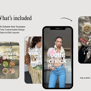 May include: A digital product display featuring 40 editable reel templates with customisable layouts. The graphic shows a smartphone screen displaying an outfit check video alongside three other vertical frames containing text and lifestyle imagery.
