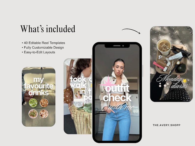 May include: A digital product display featuring 40 editable reel templates with customisable layouts. The graphic shows a smartphone screen displaying an outfit check video alongside three other vertical frames containing text and lifestyle imagery.