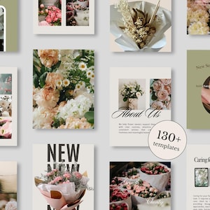 Könnte beinhalten: Eine Sammlung von Grafiken und Vorlagen zum Thema Blumen. Die Bilder zeigen verschiedene Blumenarrangements, Sträuße und Blumendesigns. Einige Bilder enthalten Text wie "New", "About Us" und "New Season, New You". Die Farbpalette ist weich und pastellfarben.