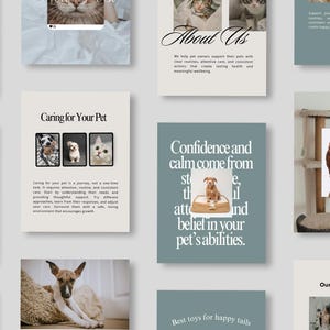 May include: A selection of pet-related promotional materials. The images include text that reads "About Us", "Caring for Your Pet", and "Confidence and calm come from". Other images feature pets, including dogs and cats.