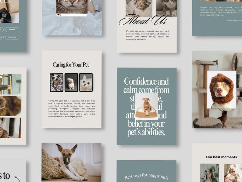 May include: A selection of pet-related promotional materials. The images include text that reads "About Us", "Caring for Your Pet", and "Confidence and calm come from". Other images feature pets, including dogs and cats.