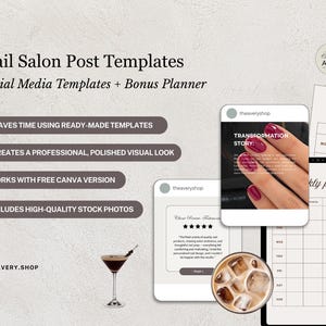 K&ouml;nnte beinhalten: Werbebild f&uuml;r Nagelstudio-Postvorlagen. Das Bild zeigt Mockups von Social-Media-Posts, einen Wochenplaner und einen Cocktail. Text hebt Funktionen wie vorgefertigte Vorlagen und hochwertige Stockfotos hervor.